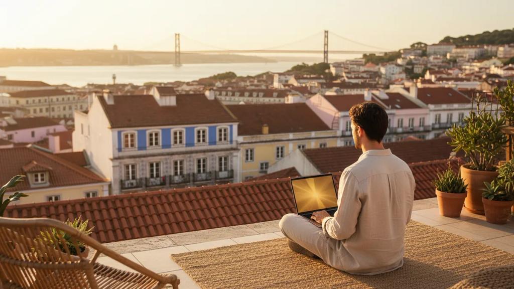 Remote worker with a laptop on a sunny Lisbon terrace