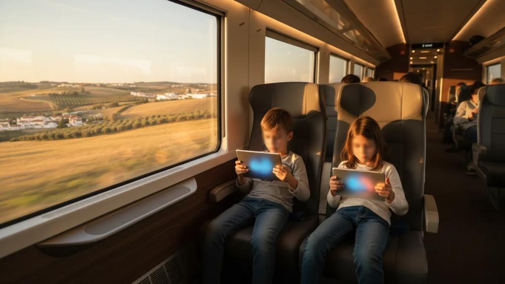 Children watching a tablet on a train as the countryside rolls past the window