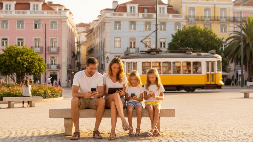 Family of four checking phones and a tablet together on a sunny street