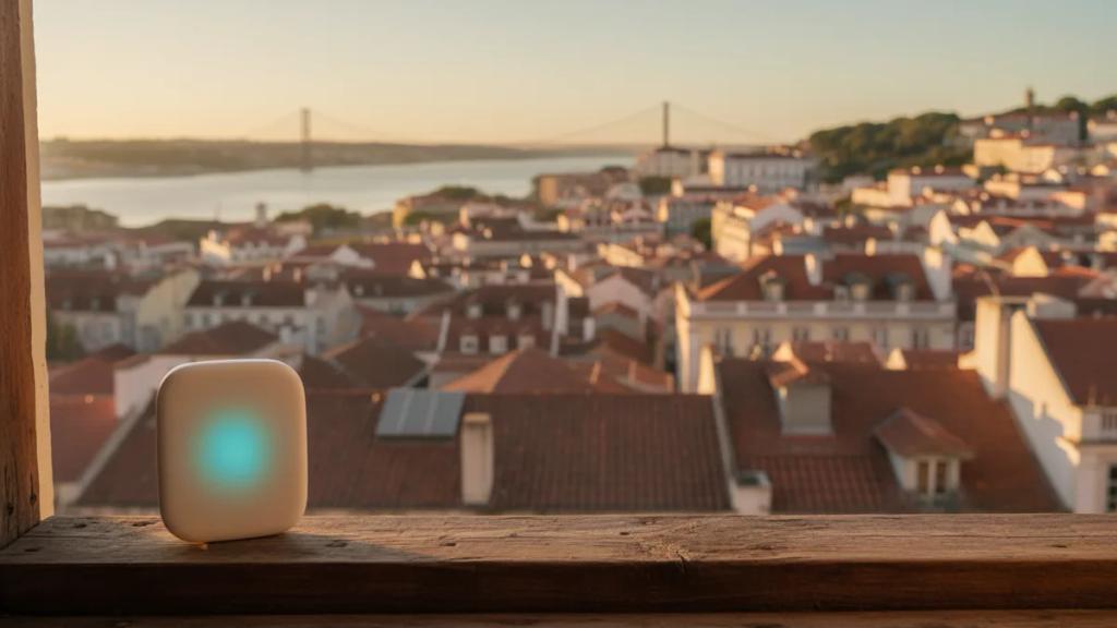 Small portable Wi-Fi router on a table beside a coffee in Portugal