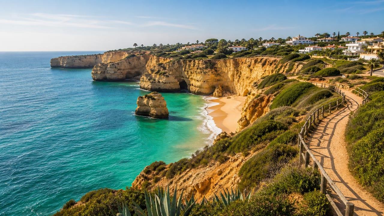 Algarve cliffs, beach cove and turquoise Atlantic water