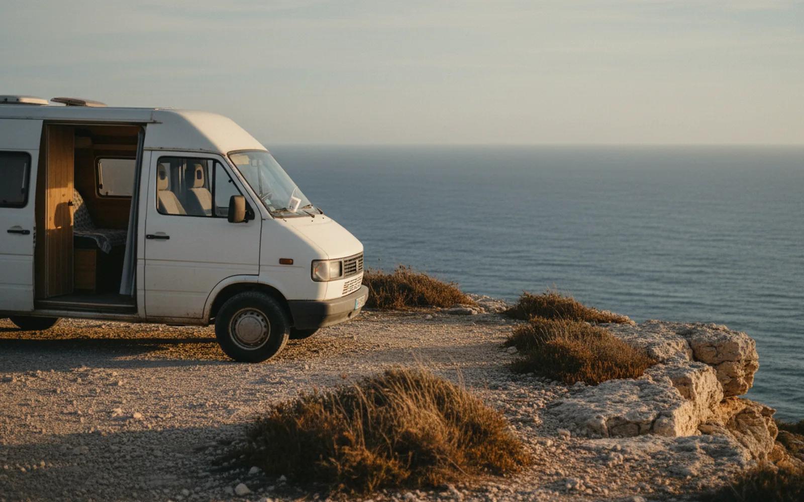 Una furgoneta camper aparcada en una explanada de grava en lo alto del acantilado sobre el Atlántico, en la Costa Vicentina