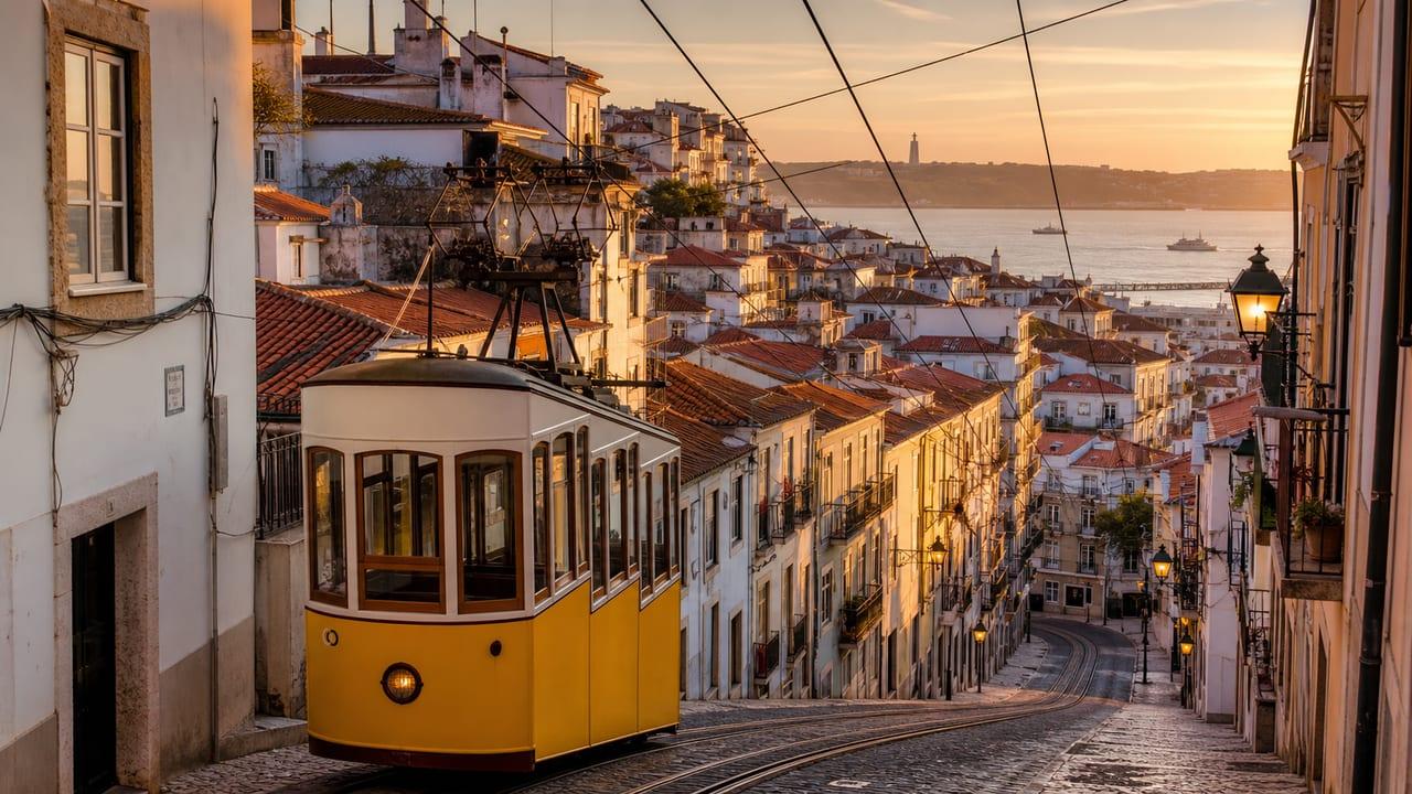 Lisbon hillside tram route with the Tagus River at sunset