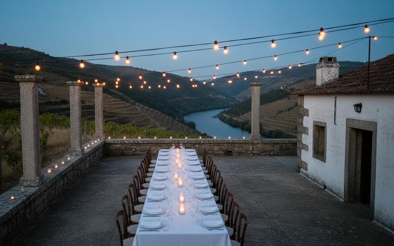 Une terrasse dressée pour un mariage en soirée dans une quinta rurale au-dessus de la vallée du Douro, avec guirlandes lumineuses et vignes en terrasses