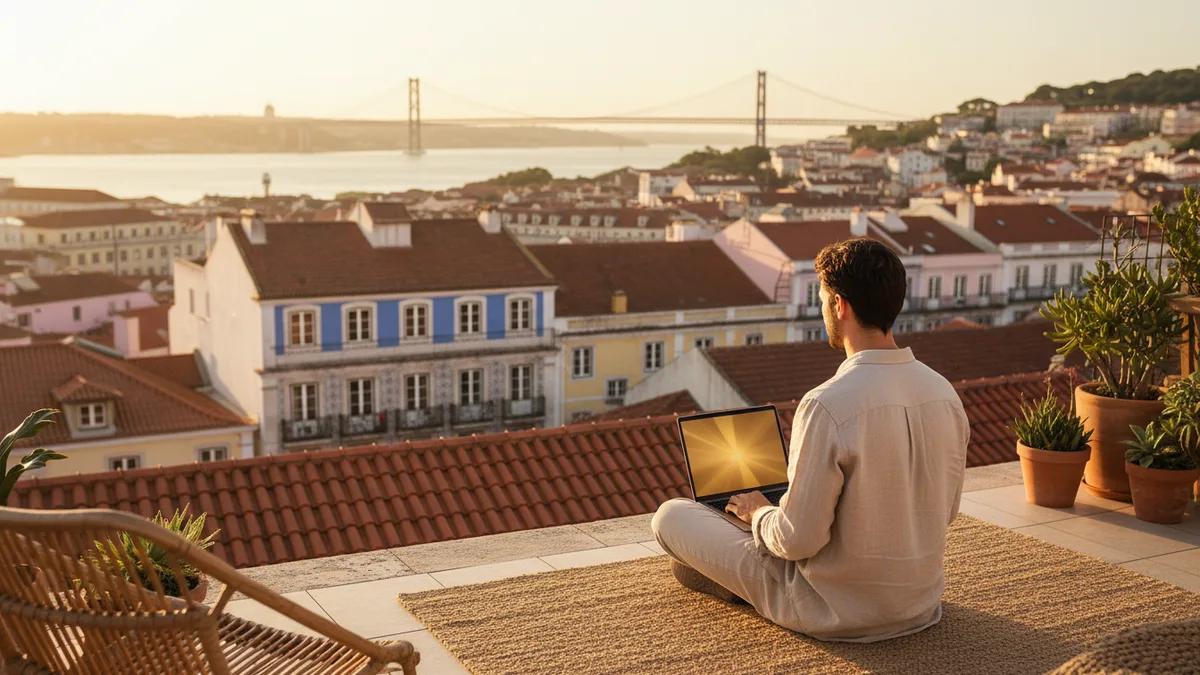 Trabalhador remoto com um notebook em um terraço ensolarado em Lisboa