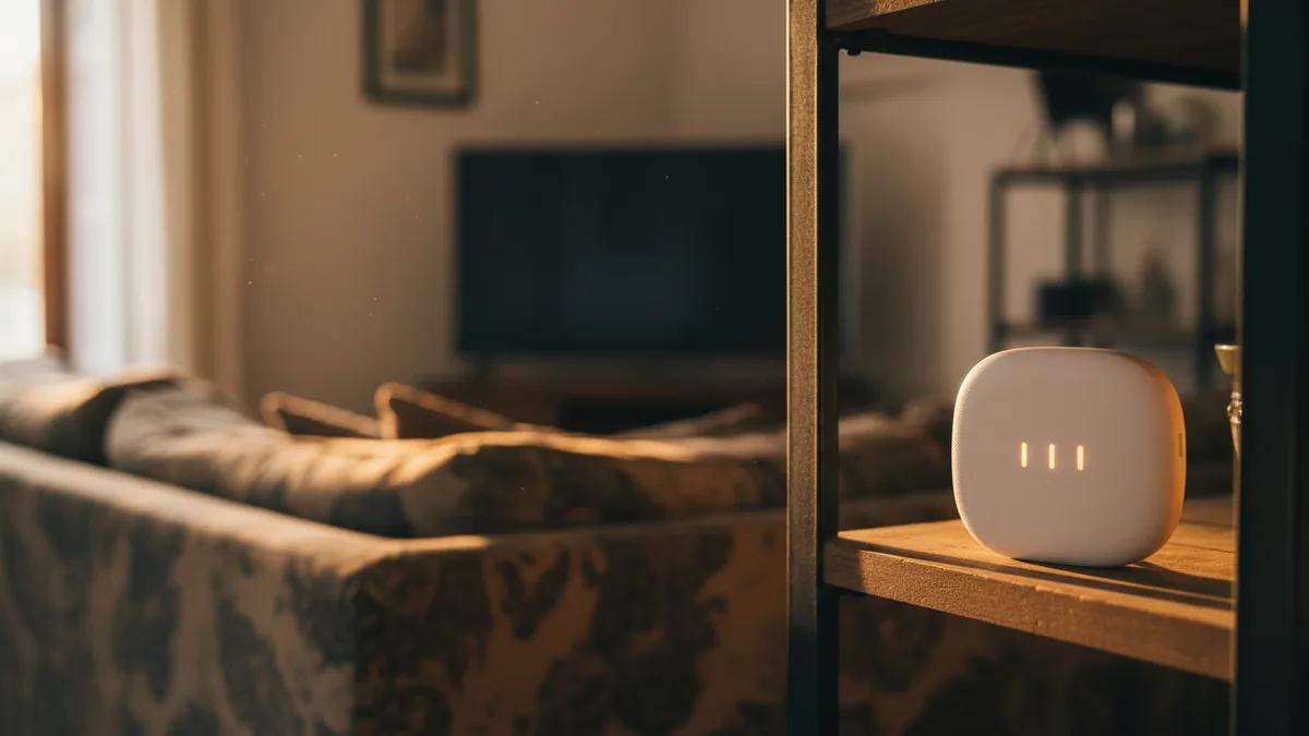 Roteador WiFi portátil numa prateleira de uma sala portuguesa habitada, com TV e sofá