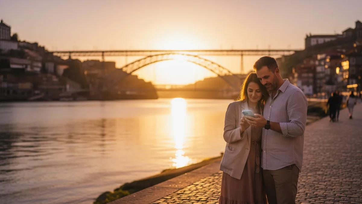 Dois viajantes olhando um mapa juntos numa rua do Porto ao pôr do sol