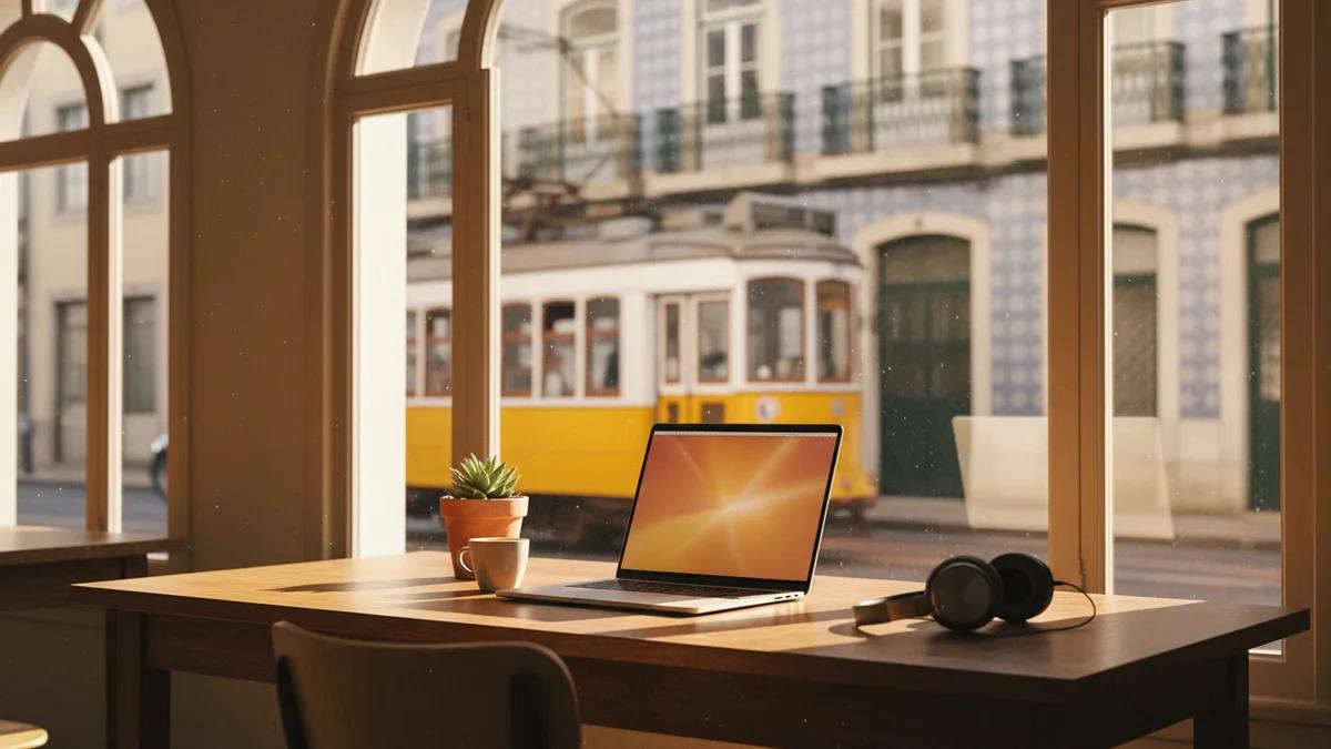 Profissional remoto em uma mesa compartilhada em um espaço de coworking iluminado em Lisboa