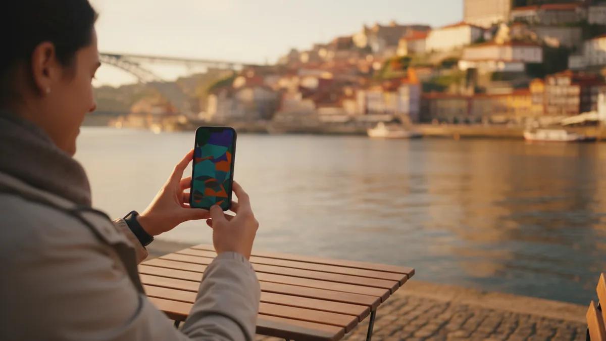 Viajante fazendo uma videochamada no celular em um café à beira-rio no Porto