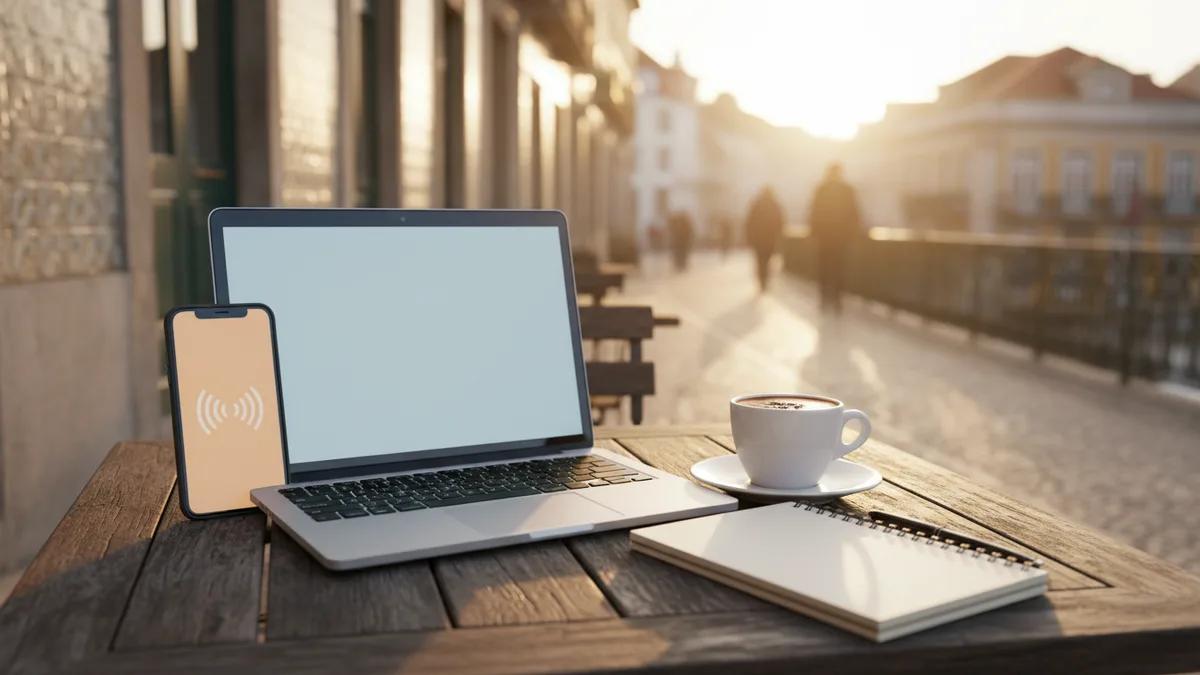 Um notebook conectado por hotspot a um celular em uma mesa de café com aviso de bateria fraca na tela