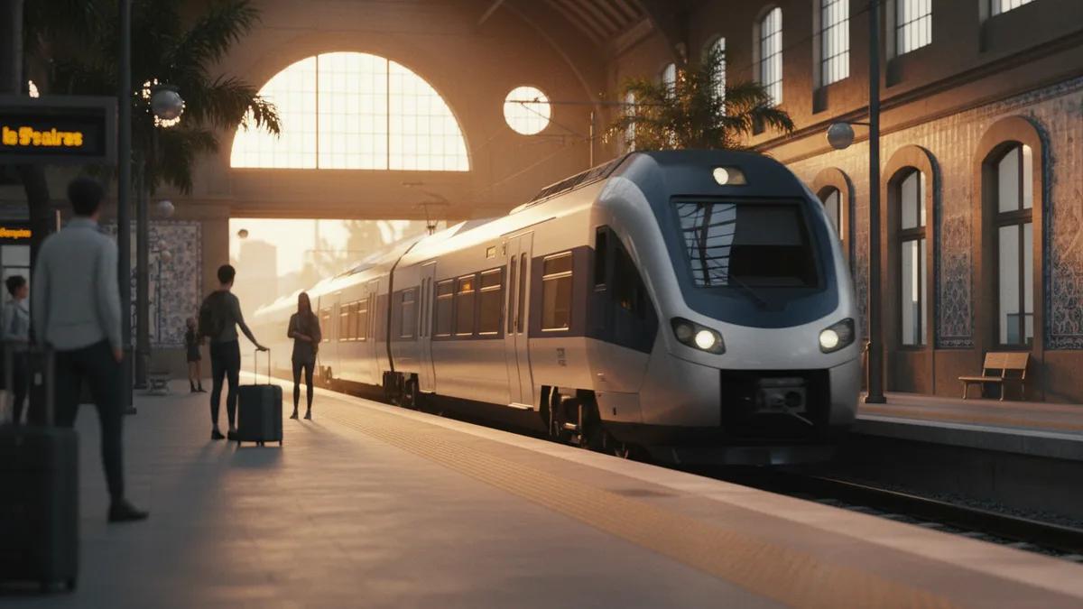 Ein moderner Fernzug fährt im warmen Licht an einem portugiesischen Bahnsteig ein