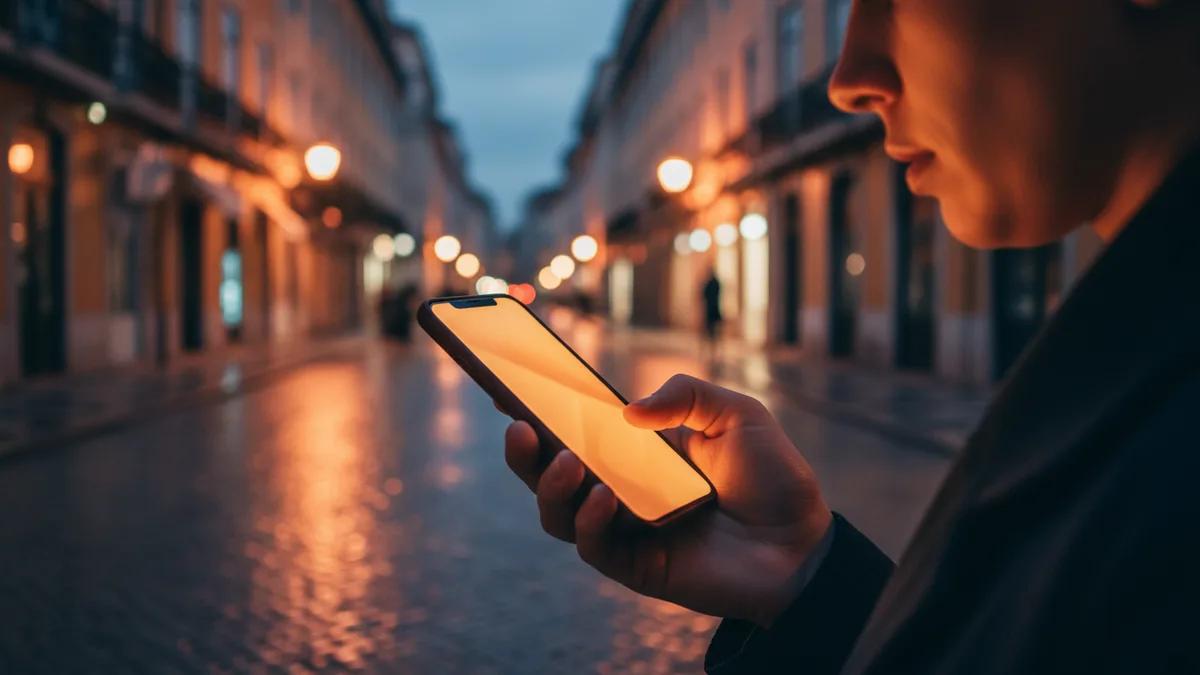 Viajante conferindo um vídeo carregando lentamente no celular em uma cidade europeia