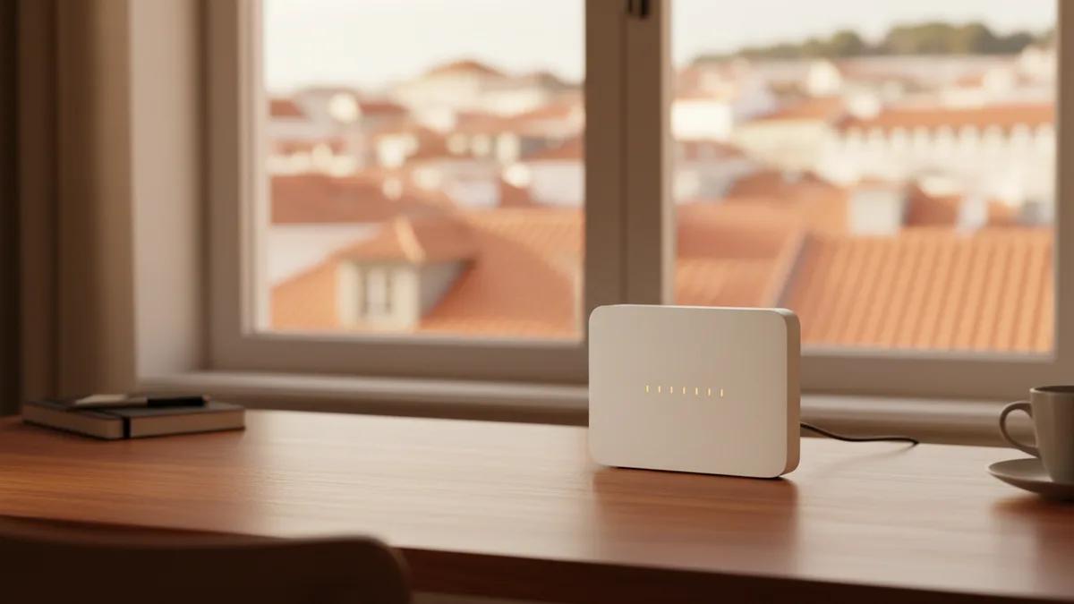 Roteador de fibra em uma escrivaninha perto de uma janela em um apartamento iluminado em Lisboa, com telhados ao fundo