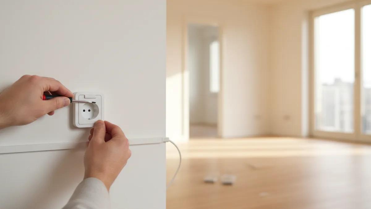 Técnico instalando uma tomada de fibra na parede de um apartamento português vazio e iluminado