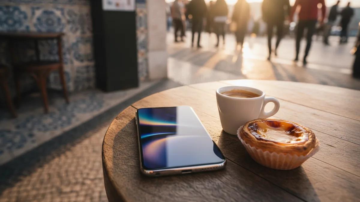 Viajante conferindo o celular ao lado de um café e um pastel de nata em um café em Lisboa