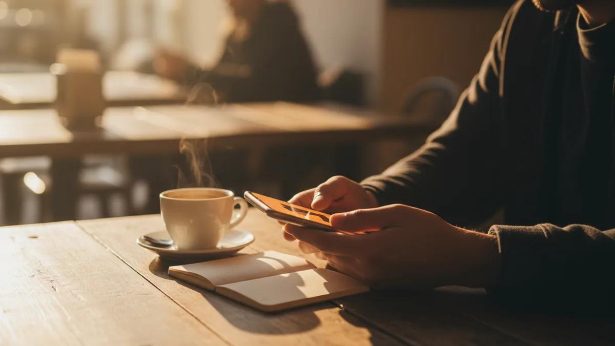 Mãos instalando um código QR de eSIM em um smartphone em uma mesa de café em Lisboa