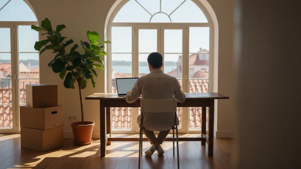 Persona che lavora al computer portatile vicino a una finestra in un appartamento a Lisbona, con scatole del trasloco vicino