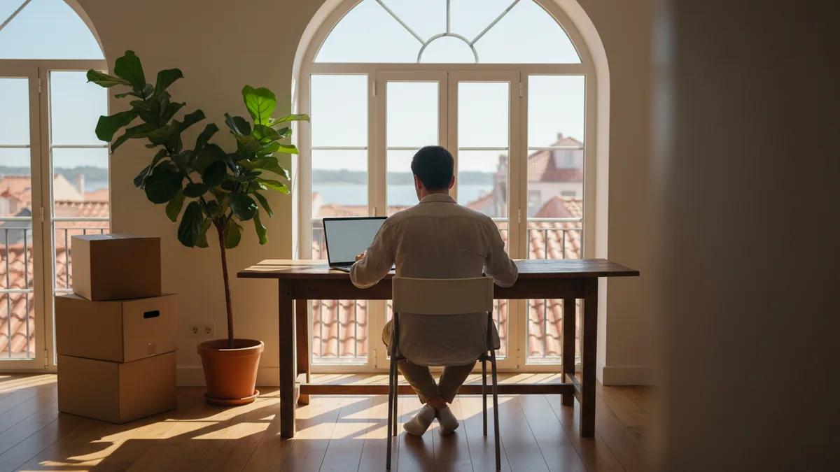 Pessoa trabalhando no notebook perto de uma janela em um apartamento em Lisboa, com caixas de mudança por perto