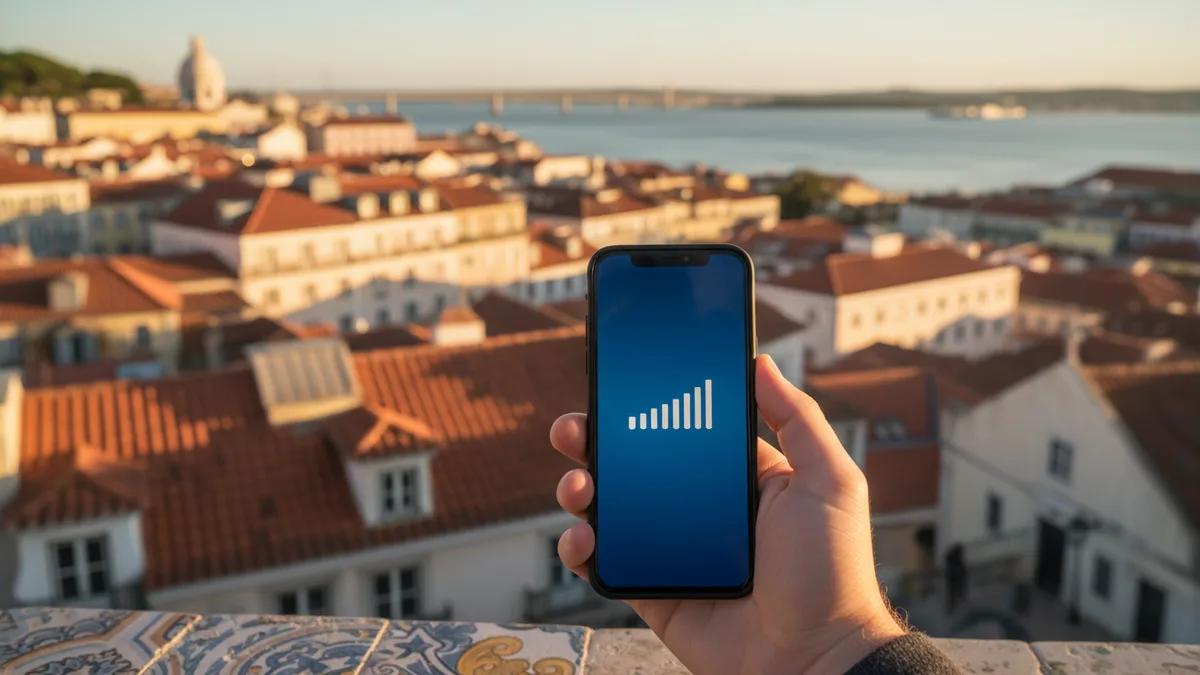 Viajante segurando um smartphone com sinal cheio em um mirante ensolarado em Lisboa