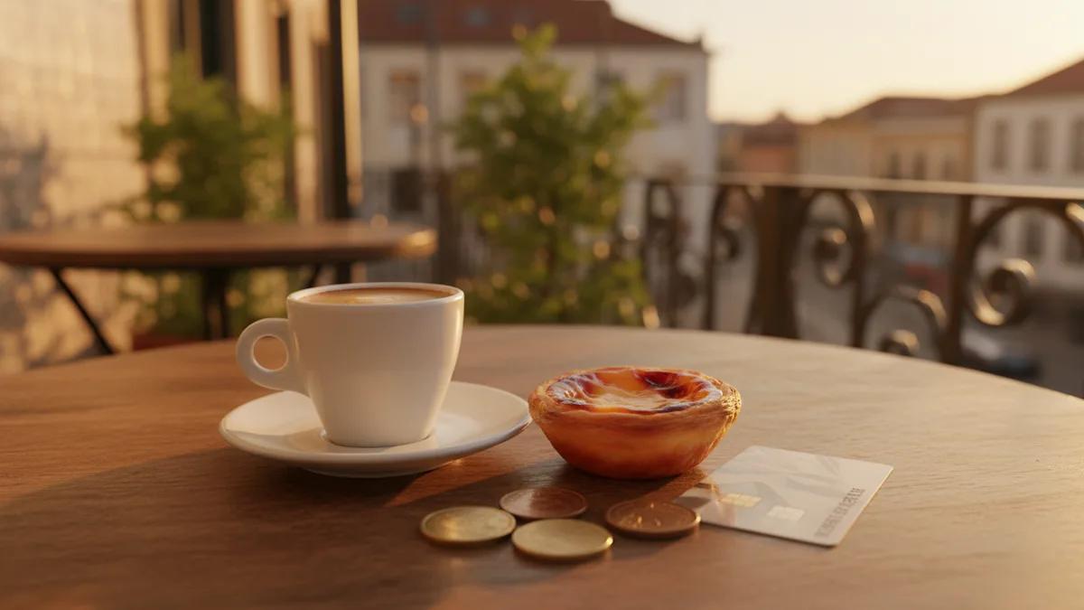 Um viajante pagando em um terraço de café ensolarado em Portugal com pastéis e café