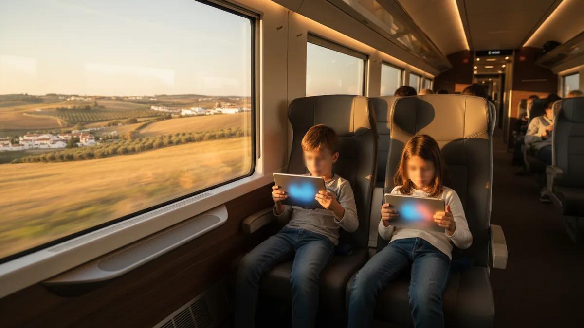 Crianças assistindo a um tablet em um trem enquanto a paisagem passa pela janela
