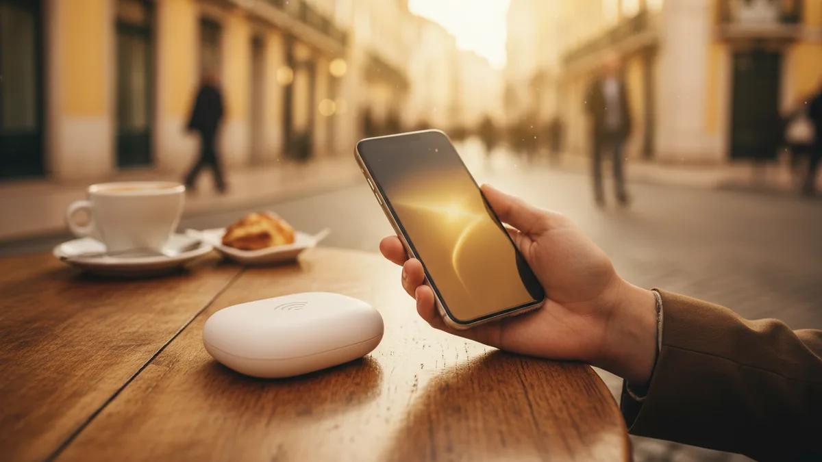 Viajante segurando um celular sem sinal em uma rua de cidade europeia