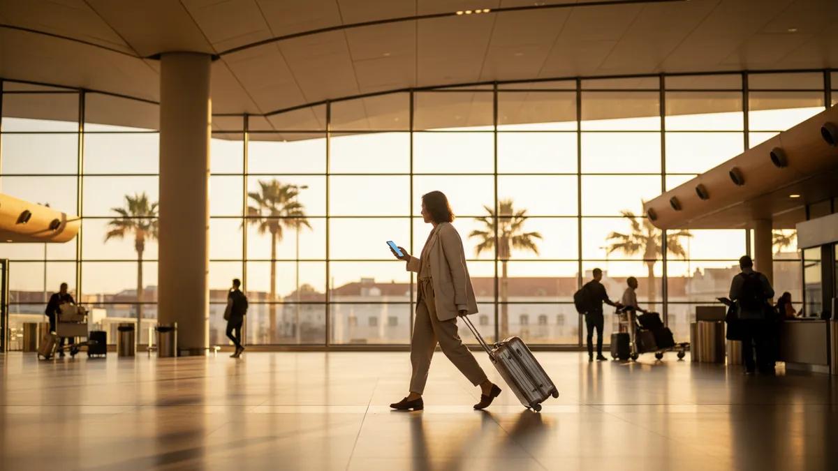 Viajante com bagagem chegando a um terminal de aeroporto ao entardecer