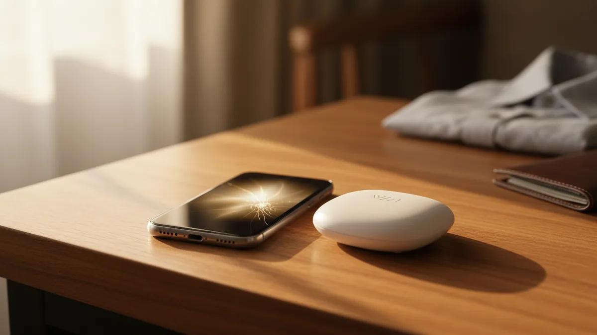 Um smartphone mais antigo ao lado de um pequeno roteador WiFi portátil sobre uma mesa