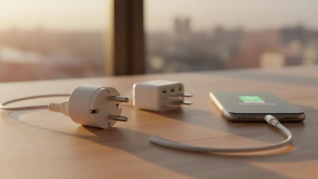 Uma ficha europeia Tipo F e um adaptador de viagem junto a um telemóvel a carregar numa secretária