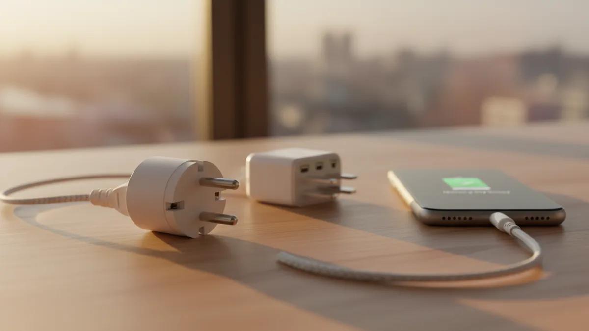 Uma tomada europeia Tipo F e um adaptador de viagem ao lado de um celular carregando em uma mesa