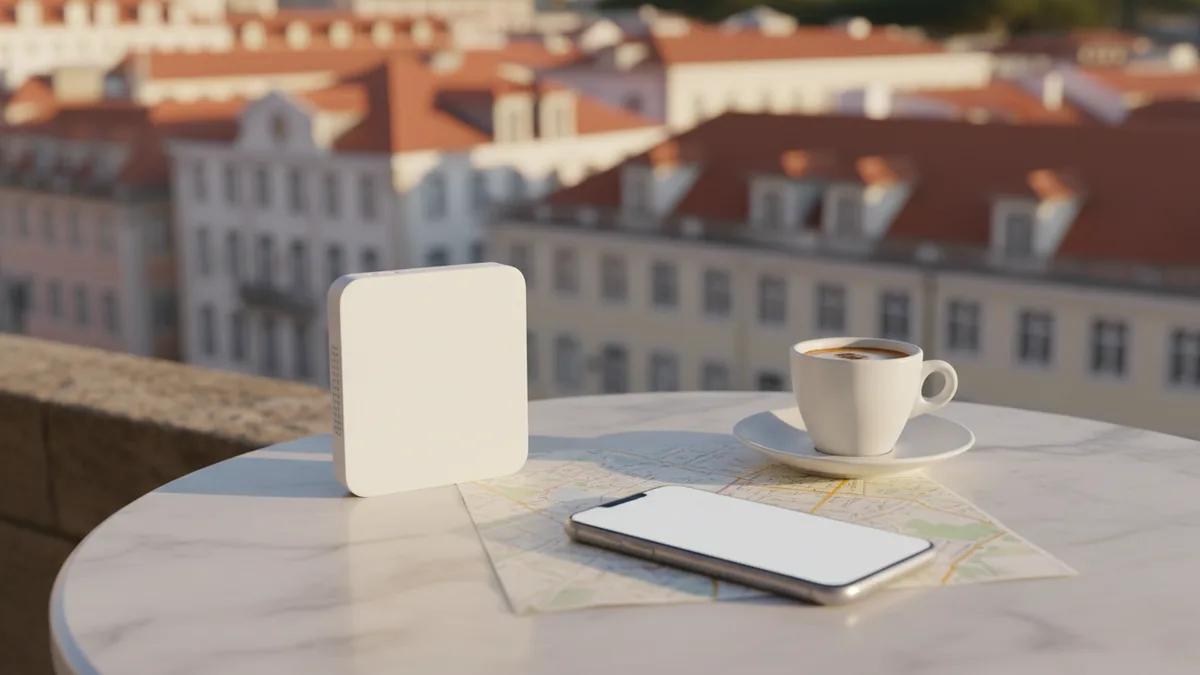 Um roteador WiFi de bolso em uma mesa de café ao lado de um celular com um código QR de eSIM