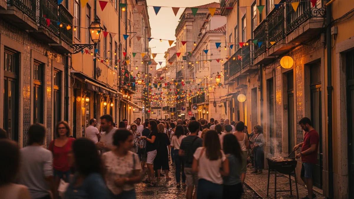 Multidão festiva celebrando um festival de rua de verão em Portugal ao entardecer