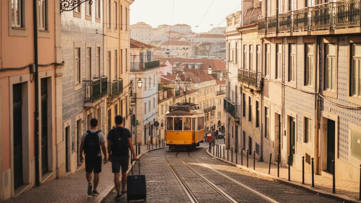 Rua ensolarada em Lisboa com um bonde amarelo, viajantes andando com malas