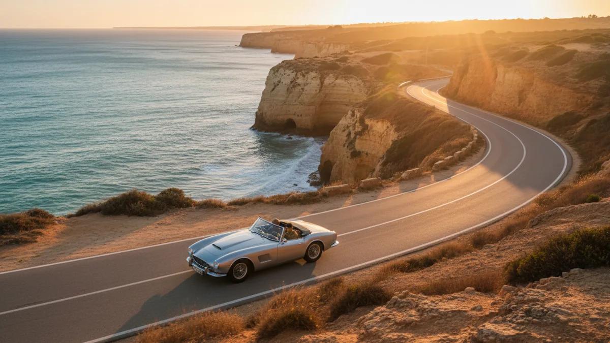 Um carro alugado em uma estrada litorânea cênica no Algarve durante o pôr do sol dourado