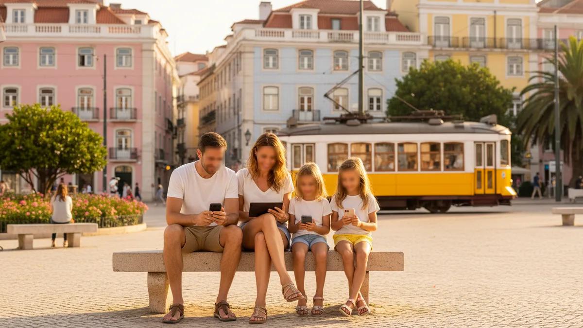 Família de quatro pessoas olhando celulares e um tablet juntos em uma rua ensolarada