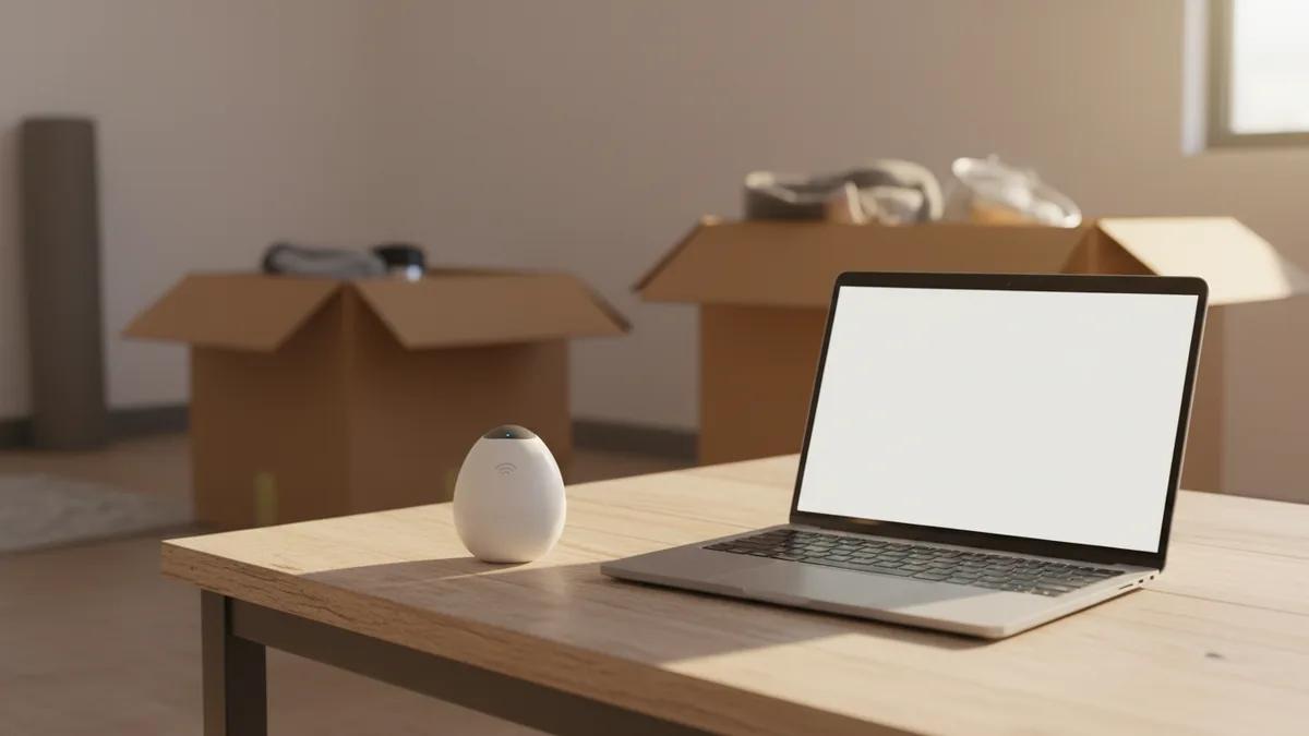 Roteador WiFi portátil e um notebook em uma mesa em um apartamento em Lisboa ainda sendo desarrumado