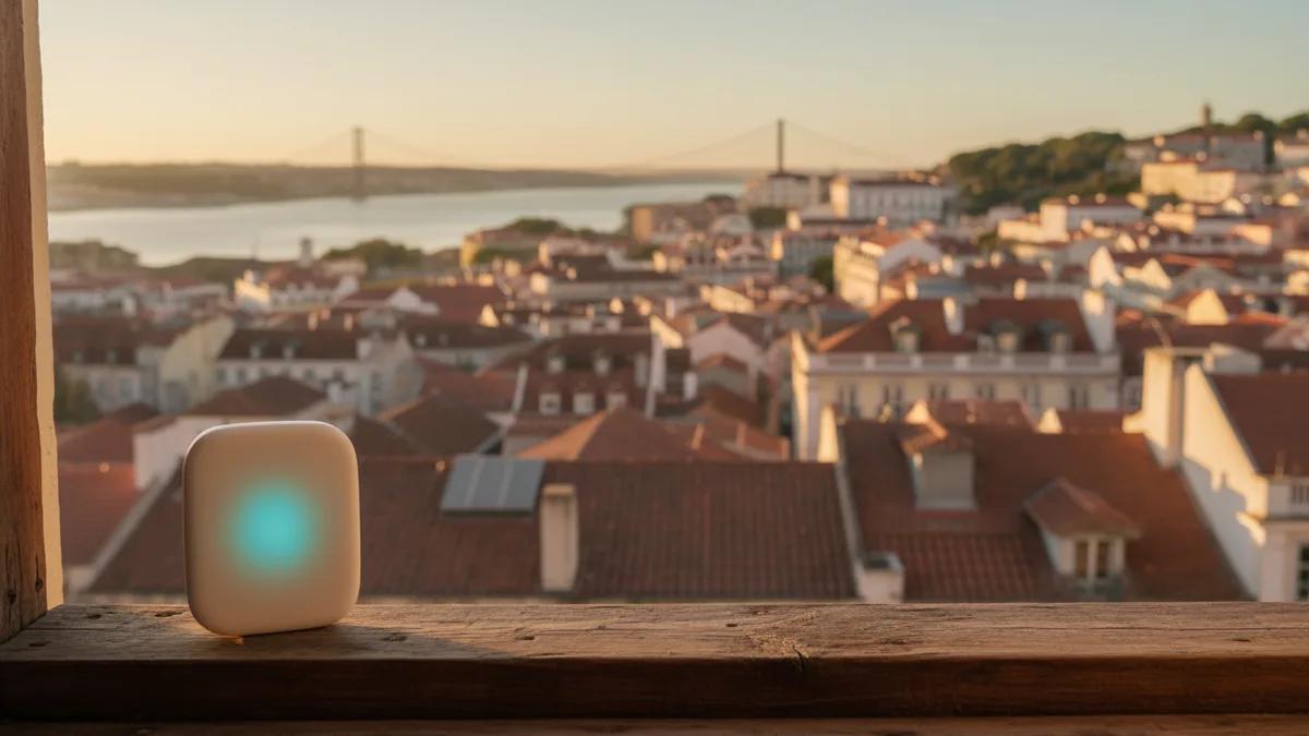 Roteador WiFi portátil pequeno em cima de uma mesa ao lado de um café em Portugal