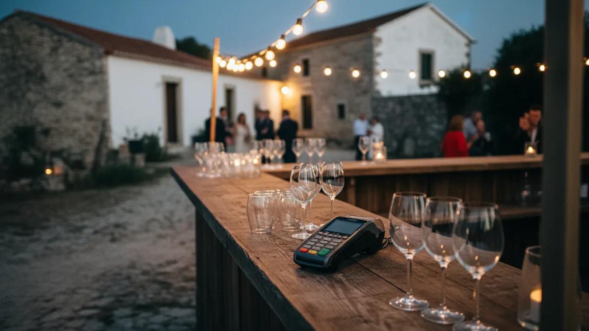 Bar ao ar livre numa quinta de casamentos em Portugal à noite, com uma maquininha de cartão no balcão