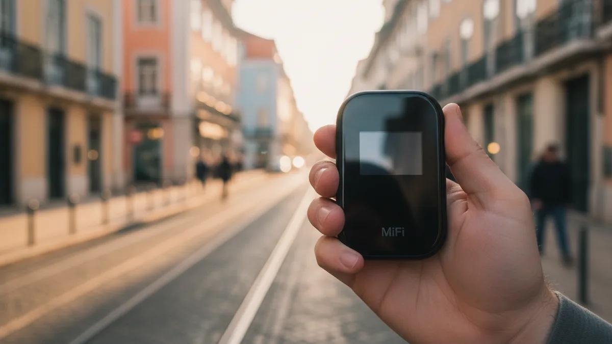 Um pequeno roteador portátil MiFi na mão com uma rua de cidade ao fundo