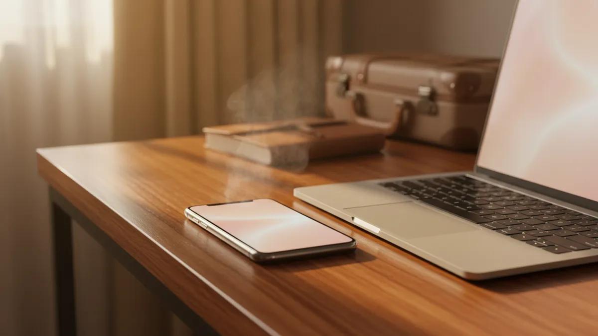 Um celular quente ao lado de um notebook em uma mesa de café ensolarada