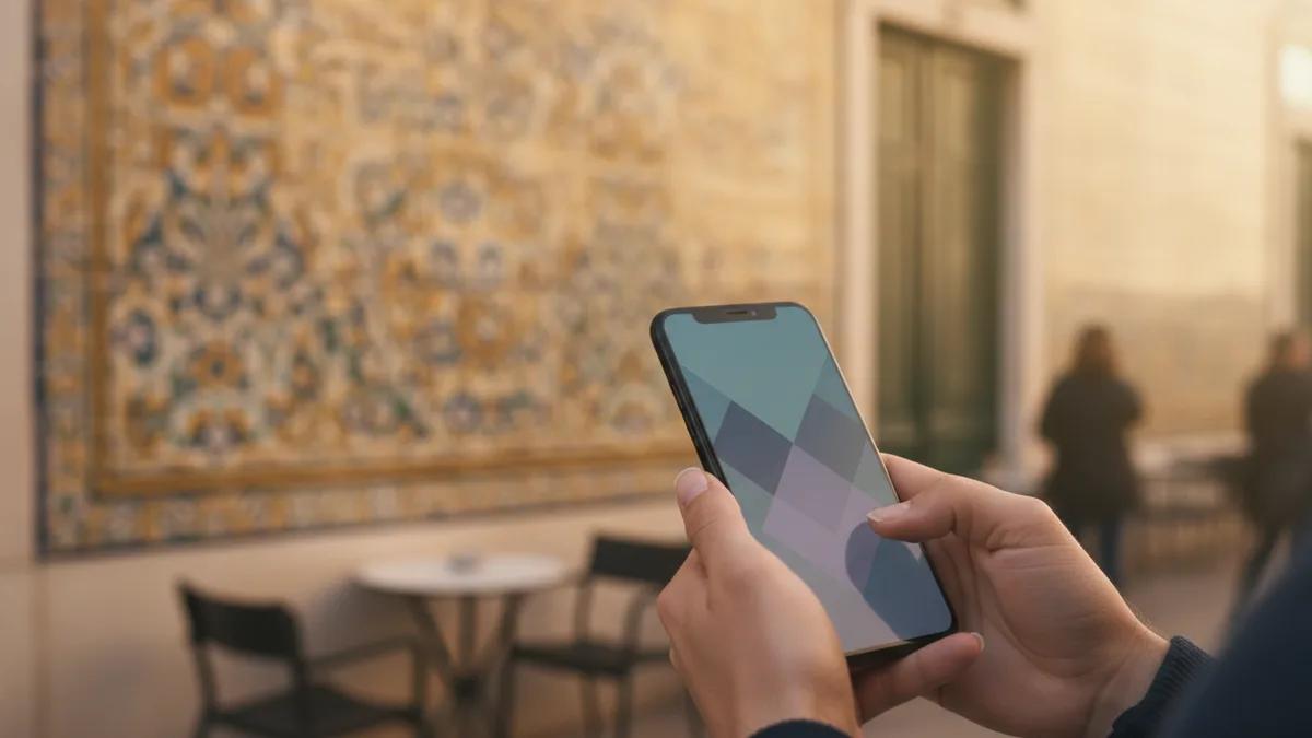Close de uma tela de configurações de smartphone mostrando uma opção de eSIM, em um café em Lisboa