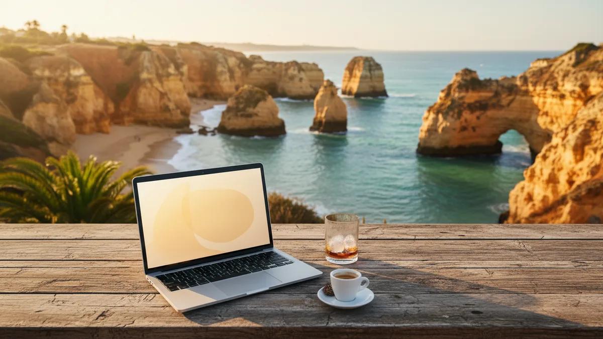 Aufgeklappter Laptop auf einer sonnigen Terrasse mit Blick auf die Südküste Portugals
