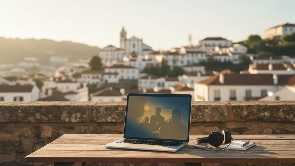 Notebook aberto em uma videochamada em uma mesa iluminada perto da janela